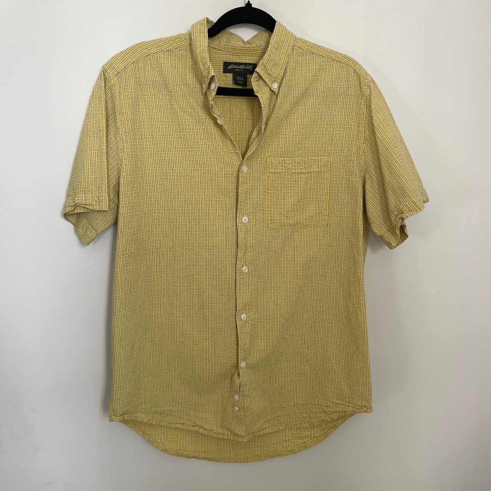 Eddie Bauer Mens Medium Yellow Gray Cotton‎ Plaid Seersucker Short Sleeve Shirt